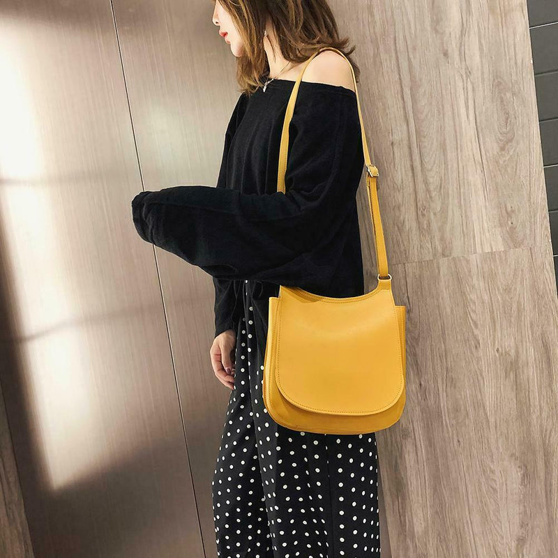 Pure Color Shoulder Handbags Leather Women Big Flap Crossbody Bags (Yellow) A