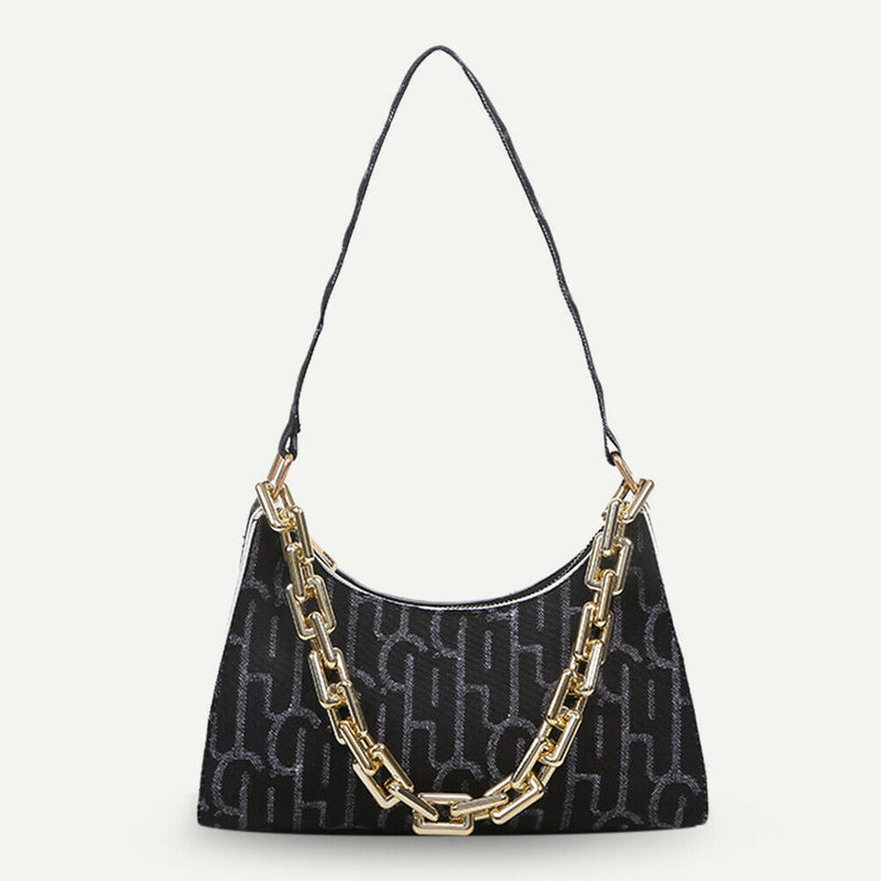 Casual Printed Women Handbag Totes PU Chain Underarm Shoulder Bags (Black) A