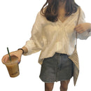 Korean Women Blouse Loose Stitching Hollow Lace V Neck Shirt Crochet Casual JC,a