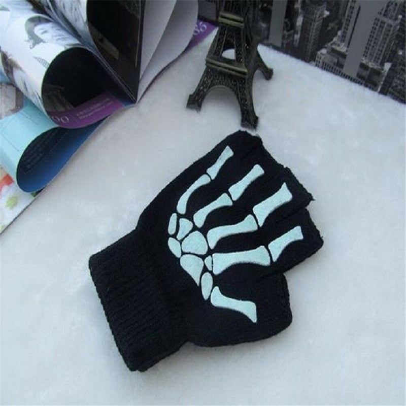 1 Pair Women Unisex Knitting Warmer Black Skeleton Claw Fingerless Gloves 17cm