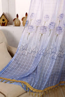 Blue Roses Polyester Voile Lattice Curtains Window Blinds Beads Trims 1x2.5M