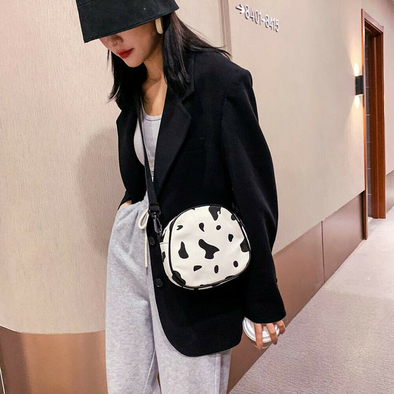 Casual Cow Printed Messenger Bag Women Canvas Small Round Shoulder Pouch