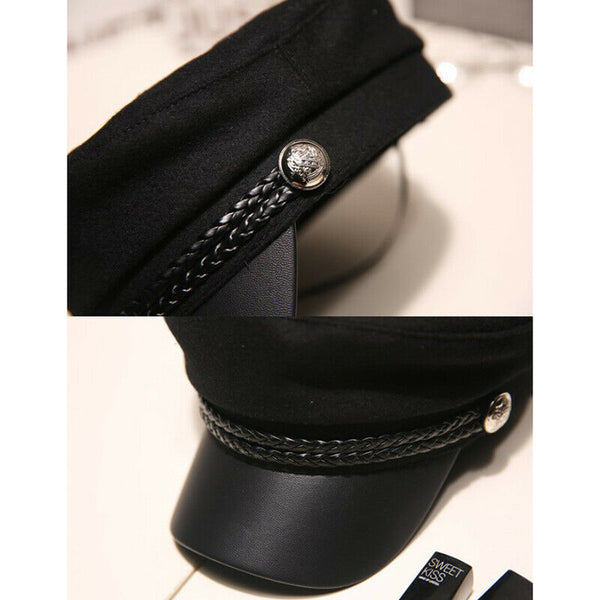 Leather Military Hat  Sailor Hats Flat Top Captain Cap Travel Cadet HatB Hn