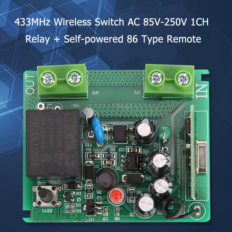 433MHz Switch AC 85-250V 1 Channel Relay Receiver + Self- 86 Type Remote