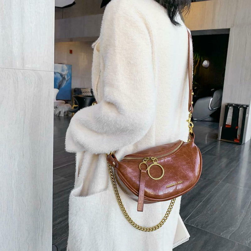 Fashion Leather Crossbody Bags Women Chain Shoulder Travel Handbag (Brown)