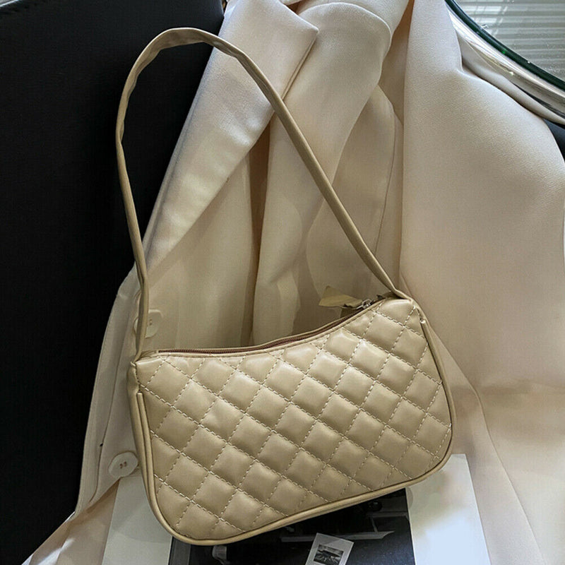 Women Lattice Pattern Shoulder Underarm Bag PU Casual Handbag Totes (Khaki)