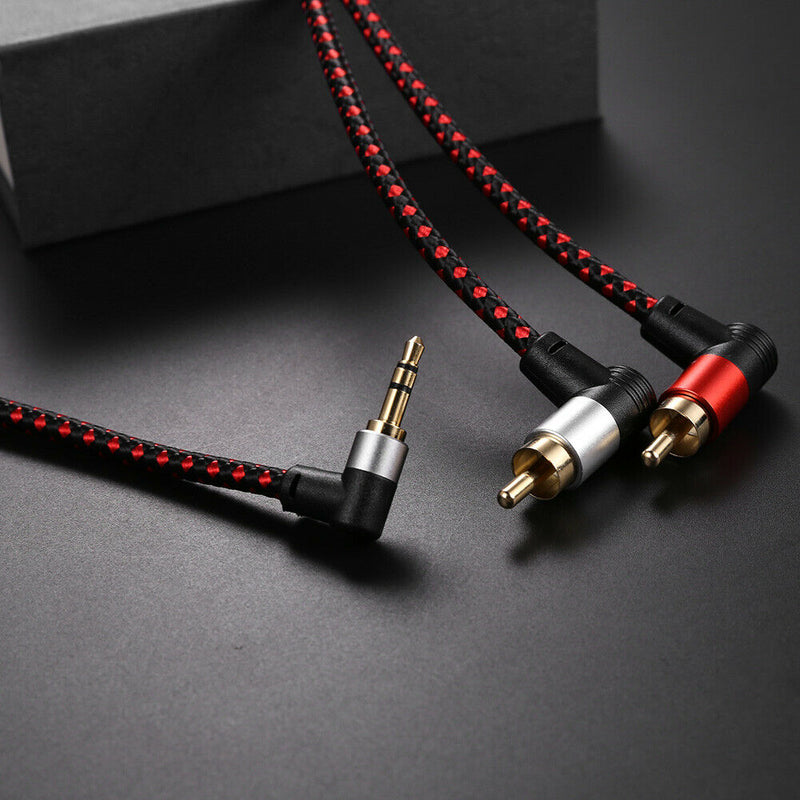 1m 90 Degree 3.5mm Male to 2 RCA Male Cable Right Angle AUX Y Splitter Cord