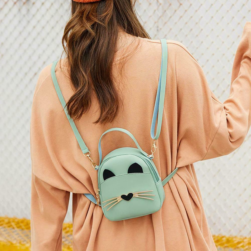 Women PU Leather Crossbody Messenger Bag Cute Cat Shoulder Backpack (Green)
