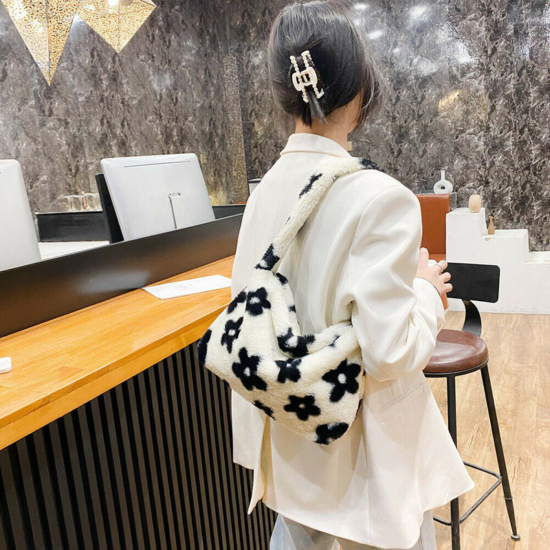 Animal Pattern Shoulder Underarm Bag Women Plush Top-handle Handbag (1)