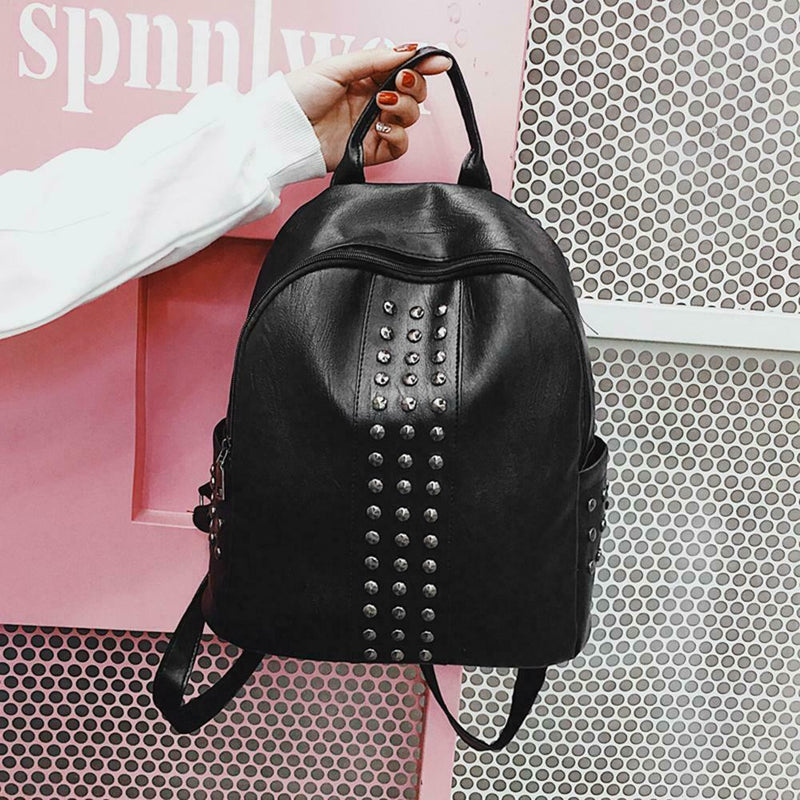 Punk Women Rivets PU Leather Zipper Backpack Teen Girls Casual Shoulder Bag A