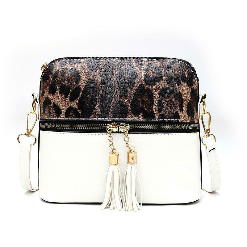 Leopard Hit Color Messenger Bag Women PU Leather Shoulder Handbag (White)