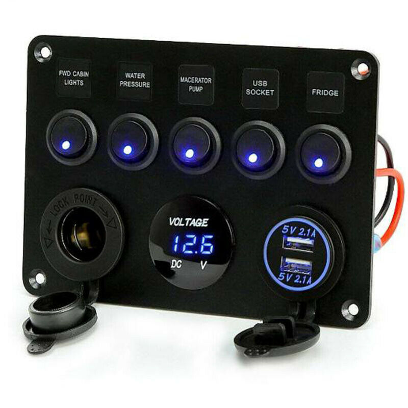 5 Gang Switch Panel 12V/24V Car Boat Marine Blue LED Rocker Breaker Contr Gw