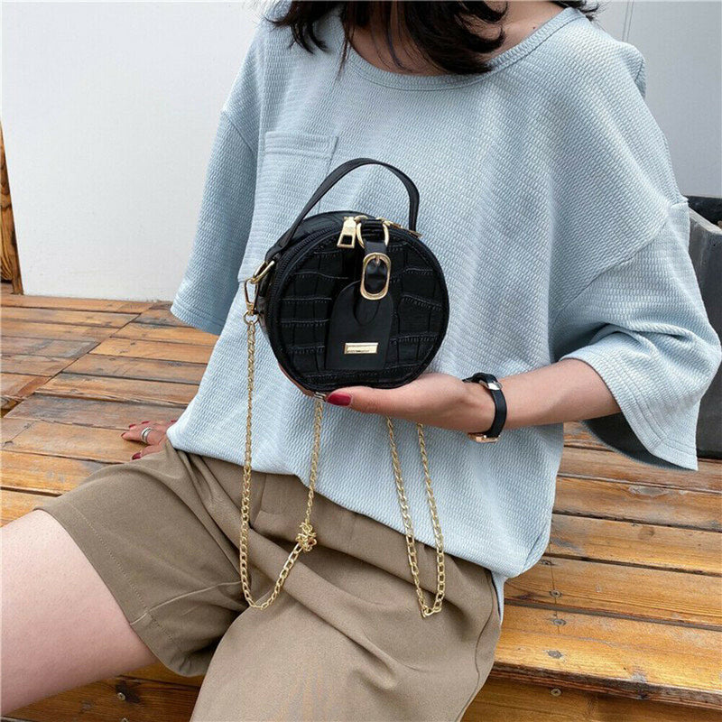 Mini Round Tote Shoulder Bag Women Leather Chain Messenger Purse (1 Black) A