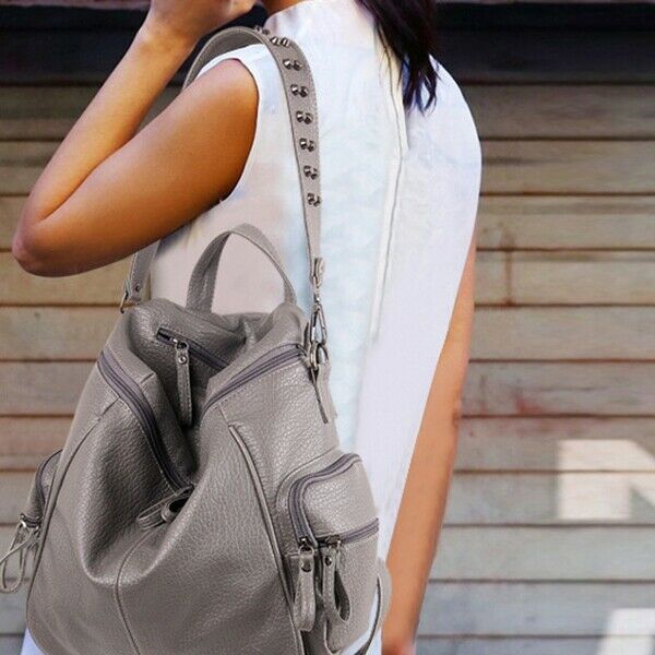 Women Backpack Purse 3 ways PU Washed Leather Rivet Studded Ladies Rucksack R6W7