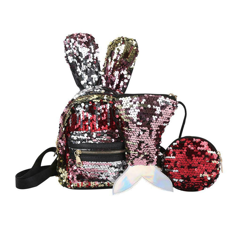 3pcs/set Shining Sequin School Backpack Women Rabbit Ear Purse Bags (Multi)