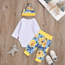 Newborn Baby Clothes Letter Print Romper Big Flower Long Pants Hat 3 PCS Ou