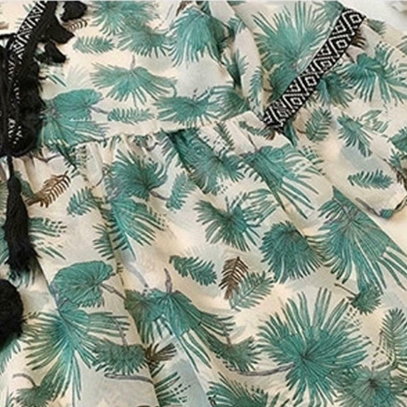 Women Plus Size Floral Print Chiffon Loose V-Neck Sleeve Top (Green) (XXL)