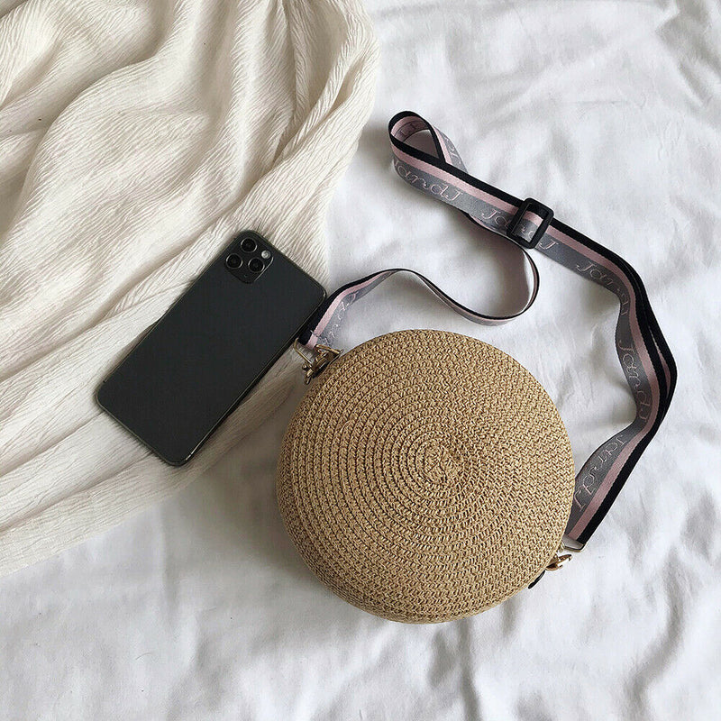Handmade Straw Weave Round Women Small Beach Shoulder Bags (Dark Khaki)