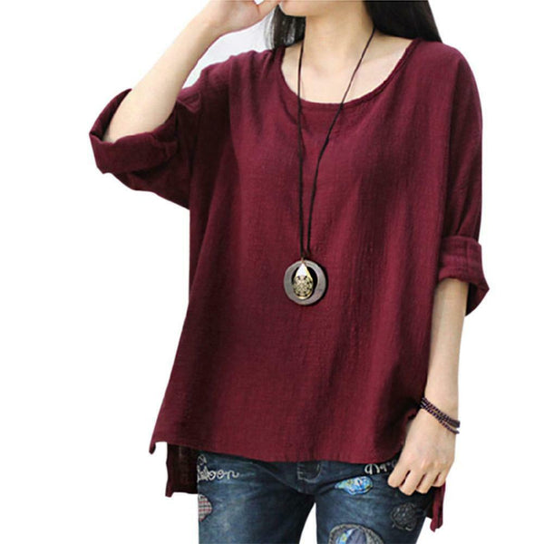 Women T-Shirt Long Sleeve Solid Cotton And Linen Ladies Tops (Wine Red L) A#S