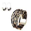 Retro Multilayer Leather Leopard Bracelet Earrings Unisex Wristband Bangle Set
