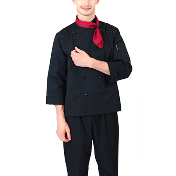 Black Chef Waiter Double-breasted Coat Uniform Long Sleeve Jacket Clothes XL