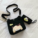 2pcs/set Women Canvas Cat Print Shoulder Crossbody Handbags Pen Bag (Black)