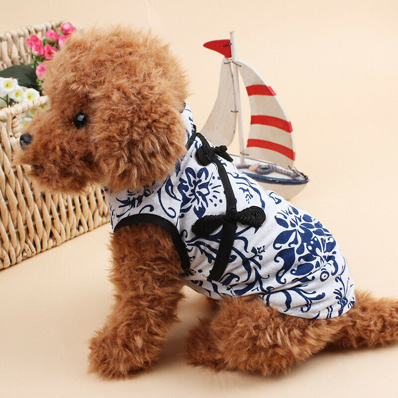 Puppy Dog China Fashion Style Blue and white floral Print T-shirt Summer Ve