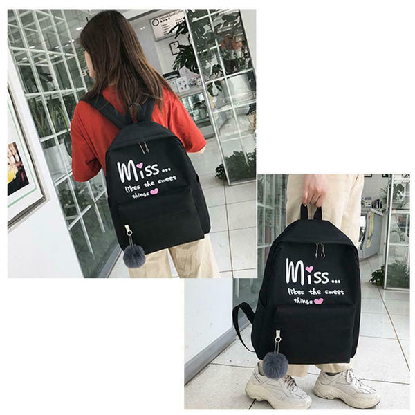 4pcs/set Letter Print Canvas Women Totes Pen Bags Clutch Backpacks (Black)