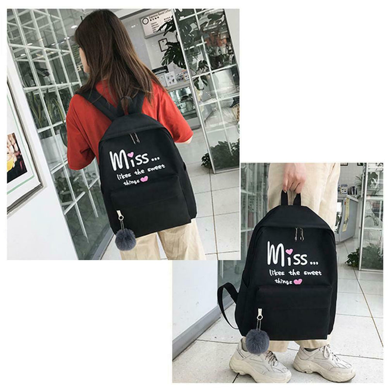 4pcs/set Letter Print Canvas Women Totes Pen Bags Clutch Backpacks (Black)