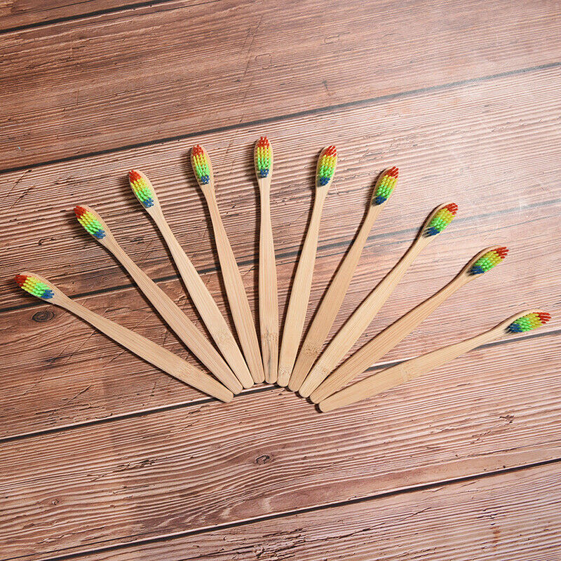10PCS Delicate Whitening Rainbow Wood Toothbrush Bamboo Fibre Wooden Handle