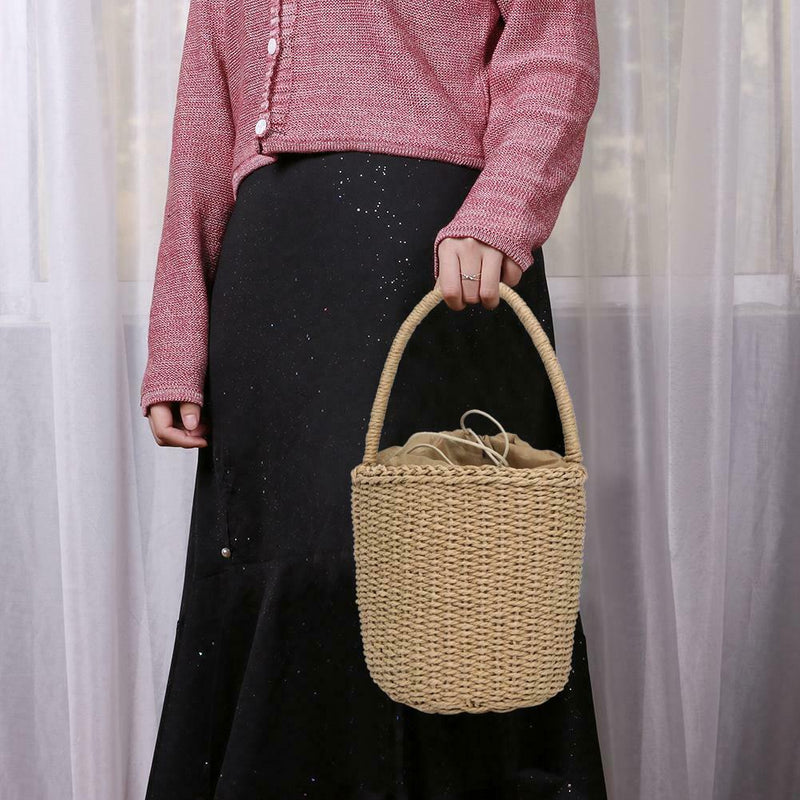 Straw Weaving Shoulder Bucket Handbags Women Top-handle Bags (Light Brown) A
