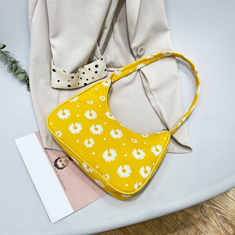 Women Flower Daisy Handbag Nylon Casual Underarm Shoulder Tote Bag (Yellow)