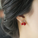 Fashion Women Red Cherry Rhinestone Ear Studs Beads Golden Alloy Leaves Earrings