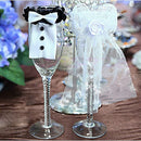 Wedding Party Toasting Wine Glasses Decor Bride & Groom Tux Bridal Veil