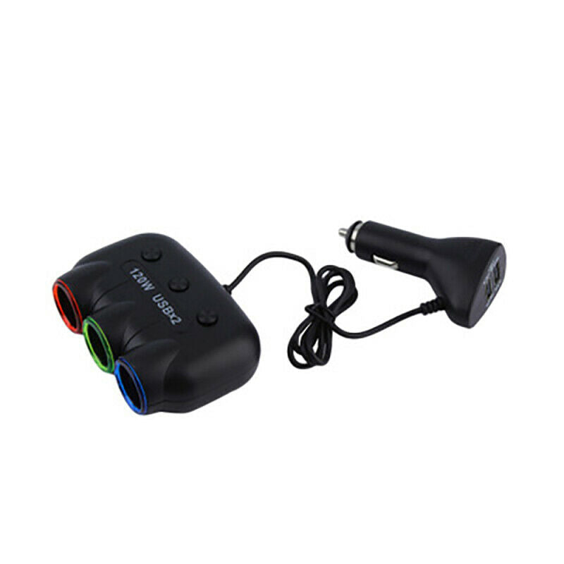 3 Way Triple Car Cigarette Lighter Socket Splitter LED Light+2 USB DC 12V MA493