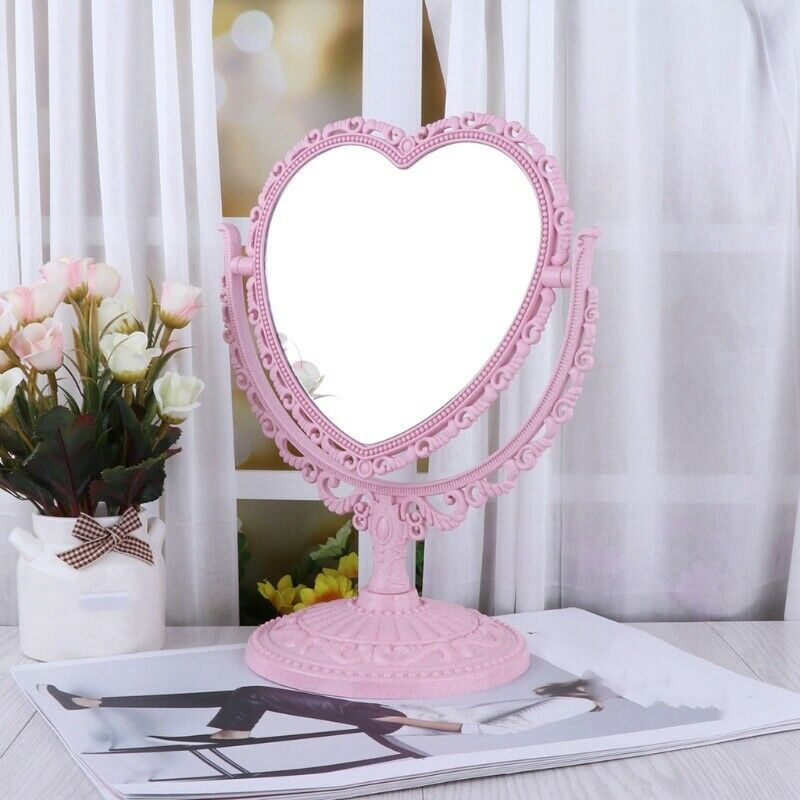 Beige Makeup Mirror Heart Shape Rotatable Stand Table Compact Mirror Plasti O8D7
