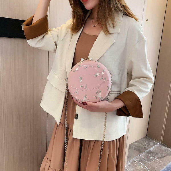 Round Chain Messenger Bag Flower Elegant Women Leather Shoulder Bag (Pink) A#S