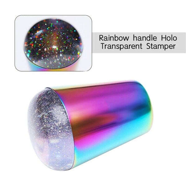 Nail Stamper Holographic Head Colorful Handle Shining Clear Silicone Stampe J4V3