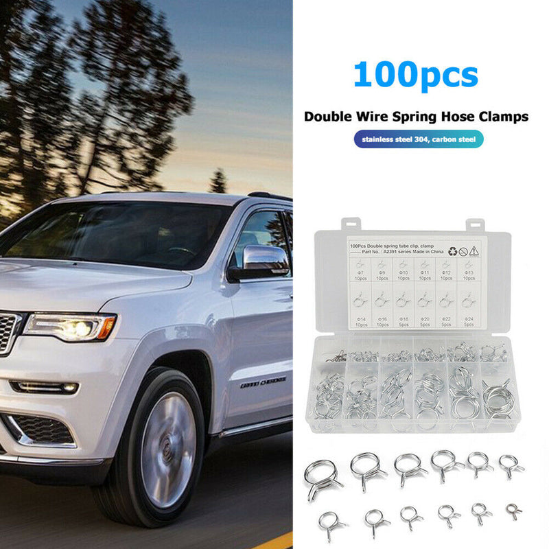 100pcs 12 Sizes Double Wire Spring Hose Clamps Fuel Line Hose Tube Clip Assorted
