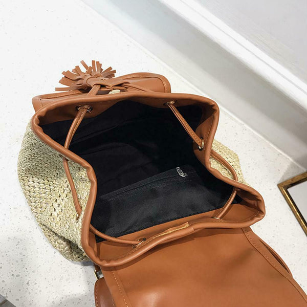 Leather Woven Backpacks Women Tassel Flap Schoolbags Knapsack (Light Brown) A#S