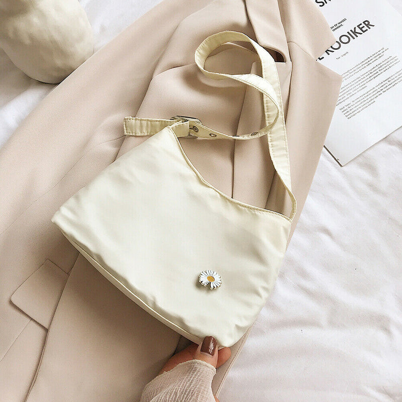 Women Simple Underarm Handbag Daisy Flower Portable Shoulder Bags (White)