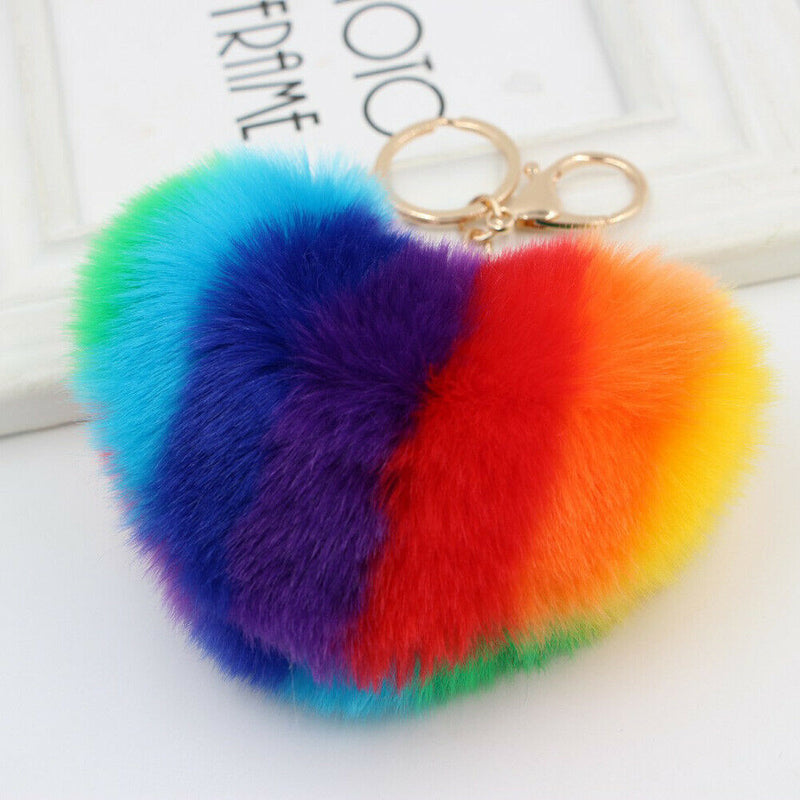 Rainbow Heart Fluffy Ball Keychain Car Key Ring Holder Bag Charm Ornament