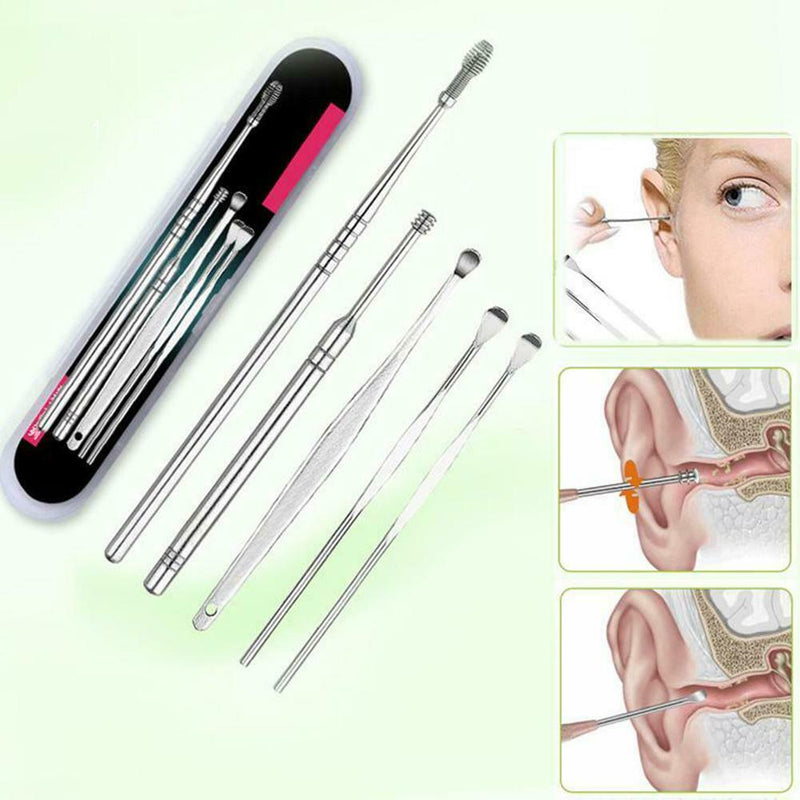 5Pcs Stainless Steel Ear Wax Cleaner Easy Swab Earwax Removal Earpick Tool+Case