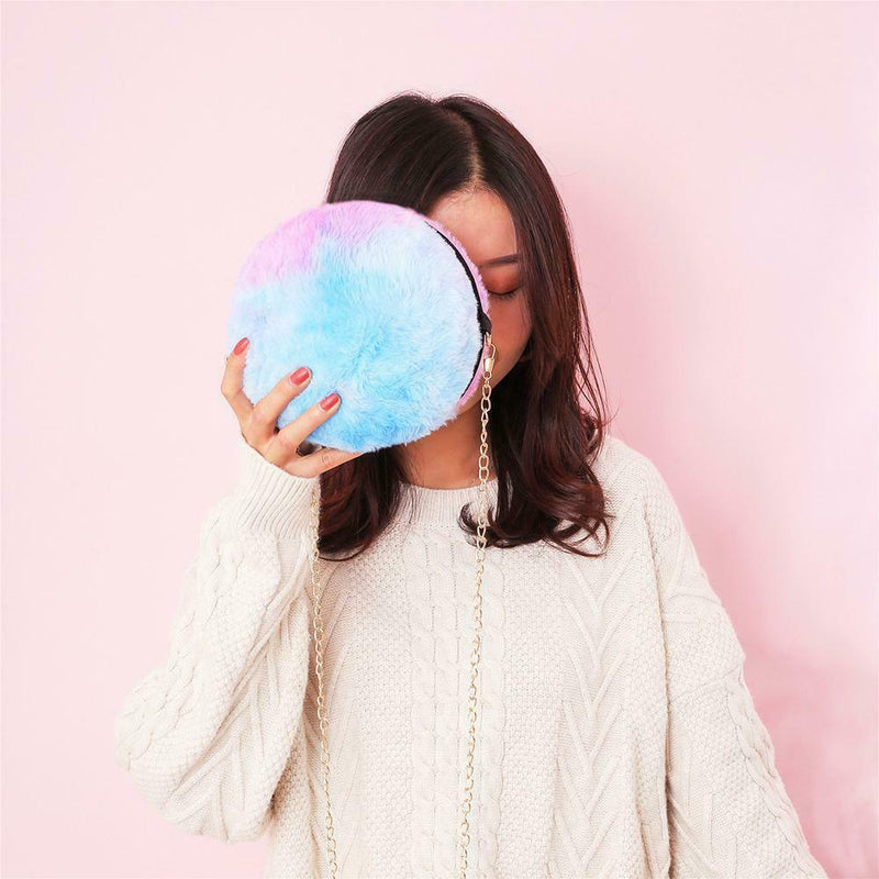 Small Round Messenger Bags Women Plush Shoulder Handbags (Gradient Blue) A