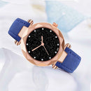 Women PU Leather Quartz Luxury Starry Sky Crystal Dial Analog Watch (Blue) A