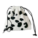 Women Plush Crossbody Bag Cow Milk Print Shoulder Drawstring Mini Handbags