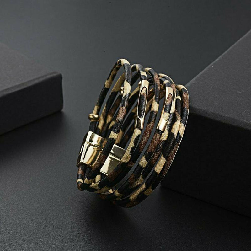 1 Set Fashion Charm Women Multilayer Leopard Leather Bracelet & Acrylic Earrings