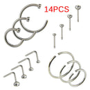 14Pcs/Set-Stainless Steel Hinged Segment Nose Ring Bone Studs Hoop Body-Pierc Bj