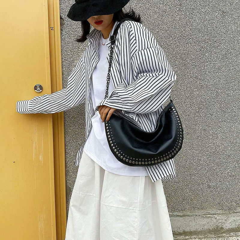Women PU Leather Semicircle Shoulder Crossbody Sling Bag Rivet Messenger Handbag