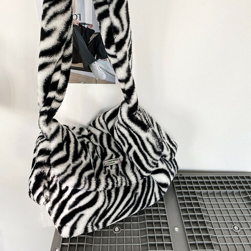 Autumn Zebra Pattern Shoulder Crossbody Bag Women Plush Large Capacity Tote